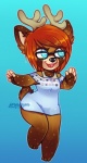 anthro antlers blue_eyes brown_body brown_fur chibi clothed clothing eyewear female fur glasses hair horn open_mouth red_hair shirt smile solo topwear honesty_(artist) neko_atsume apricot_(neko_atsume) callie_(neko_atsume) gozer_(neko_atsume) mack_(neko_atsume) marshmallow_(neko_atsume) pumpkin_(neko_atsume) shadow_(neko_atsume) smokey_(neko_atsume) snowball_(neko_atsume) socks_(neko_atsume) spud_(neko_atsume) willie_(neko_atsume) ailurid deer hybrid mammal red_panda