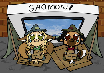 anthro begging black_body black_fur black_hair blonde_hair bodily_fluids box brown_body brown_eyes brown_fur cardboard cardboard_box chibi container crying duo female fluffy fur green_eyes hair tablet tarp tears tent white_body white_fur yellow_body yellow_fur sourmagic levi_kyros african_wild_dog canid canine domestic_cat felid feline felis mammal valta digital_media_(artwork)