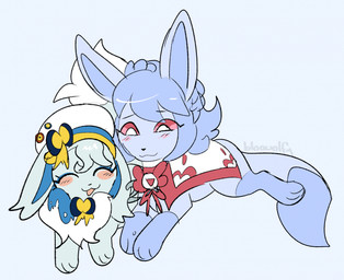 bangs blue_body blue_fur blush clothing duo female feral fur hat headgear headwear pupils red_sclera smile white_pupils bloowolfy nintendo pokemon el_(bloowolfy) marina_(ayceedee) canid eevee eeveelution generation_1_pokemon generation_4_pokemon glaceon mammal pokemon_(species) 2024 hi_res
