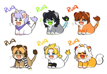 ambiguous_gender anthro blue_body blue_fur blue_hair blue_kerchief blue_neckerchief brown_body brown_fur brown_hair chest_tuft duo eyes_closed fangs fur grey_tongue hair happy horn kerchief neckerchief neckwear open_mouth orange_body orange_fur pink_tongue red_tongue solo tail tail_tuft teeth tongue tuft unsigned white_body white_fur white_hair white_horn asnnonaka felid lion mammal pantherine multiple_images