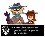 ambiguous_gender anthro blush clothing corruption cowboy cowboy_hat dark_humor dialogue dialogue_box duo gloves grin handwear hat headgear headwear humor imminent_peril innocence male poncho scarf sheriff sheriff_badge simple_background size_difference smile smirk text too_dumb_to_live unprofessional_behavior white_background friend_charlie undertale_(series) undertale_yellow clover_(undertale_yellow) starlo_(undertale_yellow) human mammal unknown_species english_text