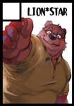 anthro barazoku beard black_nose brown_body brown_fur clothing eyewear facial_hair fur glasses humanoid_hands kemono male overweight overweight_anthro overweight_male shirt simple_background solo text topwear white_background daich bear mammal 2020