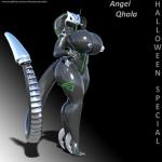 anthro biped clothing cosplay female footwear high_heels latex shoes solo text idsaybucketsofart angela-45 qhala cobra reptile scalie snake 1:1 3d_(artwork) digital_media_(artwork) hi_res url