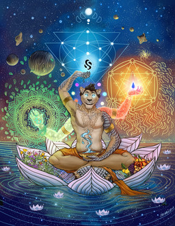 4_arms anthro armpit_hair black_hair body_hair clothed clothing cosmic_background feet front_view fur glowing glowing_eyes green_eyes grin hair looking_at_viewer magic_user male male_anthro multi_arm multi_limb short_hair sitting smile solo space space_background tan_body tan_fur topless whiskers chumbasket felid mammal absurd_res hi_res
