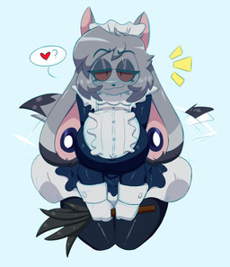 anthro blush clothing ear_piercing female fur gauged_ear grey_body grey_fur heart_symbol inviting leaning leaning_forward leggings legwear looking_at_viewer maid_uniform piercing red_sclera solo standing tail tail_motion tailwag uniform kilinah shinyillusionz jund_(smugjund) canid canine canis hybrid lagomorph leporid mammal rabbit wolf hi_res