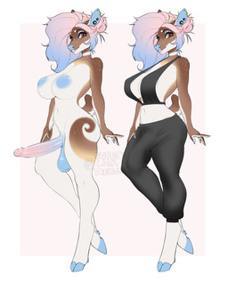 anthro areola balls big_breasts big_bulge big_penis biped blue_areola blue_balls blue_nipples bottomwear breasts bulge clothed clothing ear_piercing erection genitals glans gynomorph hair intersex long_hair looking_at_viewer multicolored_body navel nipples pants penis piercing pink_glans pink_penis short_tail simple_background skimpy solo tail text white_background white_breasts sweetburn talima_(sweetburn) deer mammal 2024 artist_name dated english_text hi_res