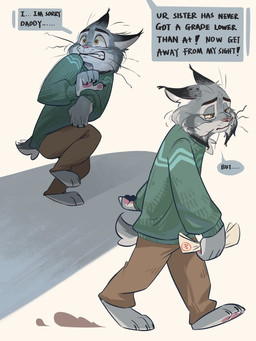 anthro clothing depression dialogue fur grey_body grey_fur hair male sad solo tail text wooren disney zootopia pawbert_lynxley canada_lynx felid feline felis lynx mammal 2025 3:4 comic digital_media_(artwork) english_text