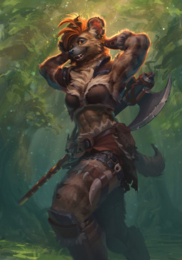 abs anthro armor axe belt ear_piercing ear_ring female forest forest_background hair hands_behind_head midriff muscular muscular_female nature nature_background orange_eyes orange_hair piercing plant ring_piercing solo teeth tree two_handed_axe unconvincing_armor undoodle_art dungeons_and_dragons hasbro wizards_of_the_coast gnoll hyena mammal spotted_hyena 2023 absurd_res hi_res