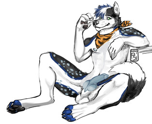 animal_genitalia animal_penis anthro athletic athletic_anthro athletic_male balls black_body black_fur blue_body blue_fur blue_hair blue_penis canine_genitalia canine_penis ear_piercing ear_stud fur genitals green_eyes grey_body grey_fur hair kerchief kerchief_only knot knotted_penis looking_at_viewer male male_anthro mostly_nude mostly_nude_anthro mostly_nude_male nipples pawpads penis piercing sheath simple_background smile solo spread_legs spreading teeth white_background white_body white_fur white_hair i-psilone canid canine canis domestic_dog husky mammal nordic_sled_dog spitz 2016