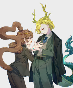accessory antlers belt black_belt black_clothing black_coat black_topwear blonde_hair blue_nails blue_necktie bottomwear brown_bottomwear brown_clothing brown_hair brown_jacket brown_pants brown_tail brown_topwear circlet clothed clothed_female clothed_humanoid clothing coat collared_shirt colored_nails crossdressing_female duo eyes_closed female green_bottomwear green_clothing green_jacket green_pants green_suit green_topwear grey_clothing grey_topwear grey_vest hair horn jacket nails necktie open_mouth orange_eyes pants shirt simple_background smile suit tail tail_tuft topwear tuft vest yellow_antlers chamaruku mythology touhou son_biten yachie_kicchou animal_humanoid dragon dragon_humanoid eastern_dragon eastern_dragon_humanoid humanoid mammal mammal_humanoid monkey_humanoid mythological_creature mythological_scalie primate primate_humanoid scalie 5:6 hi_res
