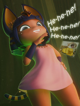 4_fingers accessory anthro black_eyes blue_hair bob_cut breasts clothing dress dutch_angle egyptian egyptian_clothing female fingers glowing glowing_eyes glowing_sclera glowing_teeth hair hair_accessory hand_on_hip humor inner_ear_fluff inside kalasiris laugh looking_at_viewer markings naughty_face nipple_outline noseless particles short_hair shortstack shortstack_female small_breasts smile smiling_at_viewer solo striped_markings striped_tail stripes tail tail_markings teeth text thick_thighs tuft uraeus usekh white_clothing white_dress wide_hips yellow_body rosoero zy0n7_(modeler) animal_crossing cat_pointing_and_laughing nintendo ankha_(animal_crossing) domestic_cat felid feline felis mammal 2026 3d_(artwork) absurd_res digital_media_(artwork) english_text hi_res meme
