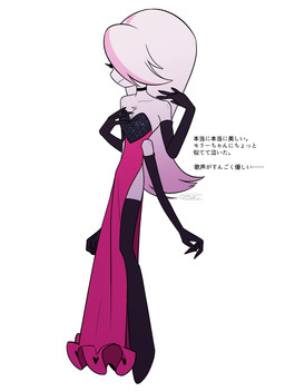 4_arms chest_tuft choker clothed clothing crossdressing drag_queen eyelashes freckled_shoulders freckles jewelry long_eyelashes male multi_arm multi_limb necklace simple_background solo text tuft white_background enaic31 hazbin_hotel hellaverse angel_dust arachnid arthropod demon humanoid spider absurd_res hi_res japanese_text translation_request