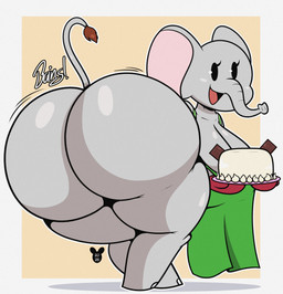 anthro apron apron_only big_breasts big_butt biped black_eyes breasts butt cake clothing dessert exclamation_point eyelashes female food green_apron green_clothing huge_butt looking_back motion_lines open_mouth open_smile smile solo sound_effects tail text tongue white_text luanctoons loona_(chunkiroll) elephant elephantid mammal proboscidean 2025 absurd_res digital_media_(artwork) english_text hi_res