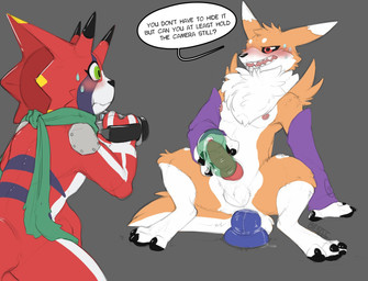 anal anal_masturbation animal_genitalia animal_penis anthro balls blush camera canine_genitalia canine_penis dildo duo embarrassed erection fur genitals knot male male/male masturbation penetrable_sex_toy penis recording sex_toy text benji_(artist) bandai_namco digimon betelgammamon canid canine digimon_(species) mammal renamon english_text hi_res