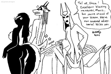 anthro bodily_fluids breasts butt dialogue featureless_breasts female group horn mask measuring_stick nude nude_female scut_tail short_tail tail tears text trio tegerio zandar's_saga mavis_mafogg sheila_na_gig utica_the_huntress antelope bovid mammal mephitid skunk taur 2024 black_and_white english_text monochrome