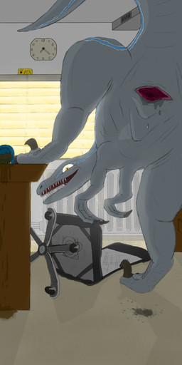 animal_genitalia bodily_fluids chair claws cloaca cloaca_juice clock female feral furniture genital_fluids genitals looking_at_viewer office open_mouth solo teeth strohdelfin jurassic_park jurassic_world universal_studios blue_(jurassic_world) dinosaur dromaeosaurid prehistoric_species reptile saurischian scalie theropod velociraptor hi_res