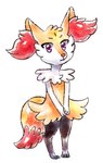 2016 anthro biped black_legs black_nose braixen digital_media_(artwork) dipstick_tail flavia-elric fluffy fluffy_tail fur generation_6_pokemon hi_res inner_ear_fluff markings mouth_closed nintendo paws pokemon pokemon_(species) pupils purple_eyes red_tail_tip simple_background solo standing tail tail_markings tuft white_background white_body white_fur yellow_body yellow_fur