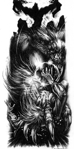 action_pose ambiguous_gender angry attack battle big_muscles bodily_fluids claws clothed clothing death dismemberment fangs gore group hair howl jacket long_claws long_hair looking_down looking_up lying magic male muscular nude open_mouth pose saliva scar sharp_teeth simple_background size_difference standing teeth tongue topwear white_background wounded ron_spencer mythology werewolf_the_apocalypse white_wolf_publishing world_of_darkness_(series) canid canine canis changeling_(world_of_darkness) hakken_(world_of_darkness) human mammal mythological_canine mythological_creature werecanid werecanine werecreature werewolf wolf 1999 detailed graphite_(artwork) hi_res monochrome official_art traditional_media_(artwork)
