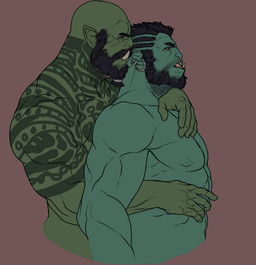 abs arm_tattoo bald beard biceps chest_tattoo deltoids duo ear_piercing eye_contact facial_hair fangs hug humanoid_pointy_ears intimate looking_at_another male male/male manly muscular mustache neck_tattoo nipples pecs piercing pointy_ears shoulder_tattoo simple_background stubble tattoo teeth triceps yellow_eyes movd humanoid orc 2019 half-length_portrait portrait