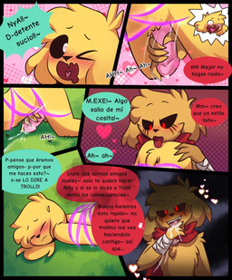 animal_genitalia animal_penis anthro bandage black_sclera blush bodily_fluids bound canine_genitalia canine_penis cum cum_in_mouth cum_inside dialogue doggystyle drinking drinking_cum duo ejaculation erection excite from_behind_position genital_fluids genitals handjob male male/male masturbation nature penile penis public red_eyes sex text tongue tongue_out uwu yellow_body yakav mike.exe mikecrack canid canine canis domestic_dog hybrid mammal comic hi_res spanish_text translation_request