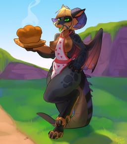 4_toes anthro apron apron_only barefoot black_ears blonde_hair bread breasts brown_nipples claws clothing digitigrade fangs feet female food green_eyes green_sclera green_tongue grey_body grey_horn hair hand_on_hip horn looking_at_viewer membrane_(anatomy) membranous_wings mostly_nude nipples open_mouth open_smile orange_body orange_breasts orange_inner_ear outside pupils red_wings slit_pupils smile solo standing tail teeth text toes tongue wings famir mythology zazush_(zazush-una) dragon mythological_creature mythological_scalie scalie 2020 absurd_res artist_name dated full-length_portrait hi_res portrait
