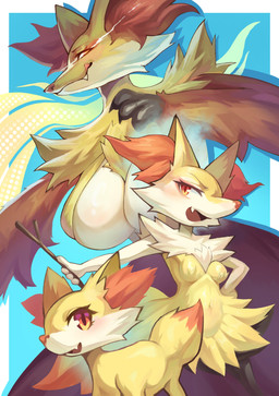 ambiguous_gender anthro bedroom_eyes big_breasts breasts claws evolutionary_family eyelashes fangs featureless_breasts female feral fur group holding_object huge_breasts inner_ear_fluff licking licking_lips looking_at_viewer multicolored_body multiple_poses narrowed_eyes navel open_mouth orange_eyes pose seductive simple_background small_breasts stick tail teeth tongue tongue_out trio tuft white_body white_fur yellow_body yellow_fur punnnnnn111 nintendo pokemon braixen canid canine delphox fennekin generation_6_pokemon mammal pokemon_(species) 2025 absurd_res digital_drawing_(artwork) digital_media_(artwork) hi_res