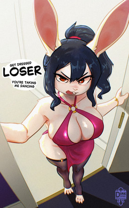 anthro big_breasts black_hair bracelet breasts buckteeth cleavage clothed clothing dialogue dress female fur hair high-angle_view jewelry legwear long_ears looking_at_viewer ponytail red_eyes solo stockings teeth text thigh_highs white_body white_fur josiedink lagomorph leporid mammal rabbit english_text hi_res