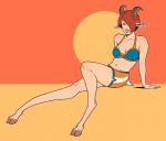 bottomwear clothing female hair halter_top hooves horn leaning leaning_backward midriff red_hair shorts sitting solo sun nathanandersonart animal_humanoid humanoid satyr absurd_res hi_res red_theme