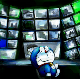 anthro bell black_hair blue_body blue_fur chair collar dark duo electronics eyewear fur furniture glasses hair inside looking_at_viewer machine male monitor mouth_closed pouch_(anatomy) red_collar red_nose security security_camera sitting table whiskers white_body white_fur mt_tg doraemon doraemon_(character) nobita_nobi domestic_cat felid feline felis human mammal robot 2020 shaded