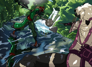 anthro duo fight katana male melee_weapon muscular muscular_male perspective river samurai scenery staff sword warrior weapon warlockthevigilante bai hattori felid mammal mephitid pantherine skunk tiger hi_res