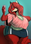 2018 anthro belly big_breasts bottomwear breasts canid canine cellphone clothing electronics female fox fur hair hi_res huge_breasts mammal multicolored_body multicolored_fur navel nipple_outline open_mouth overweight overweight_anthro overweight_female phone red_body red_fur red_hair ruby_(deonwolf) shirt skirt solo thick_thighs topwear two_tone_body two_tone_fur volkenfox