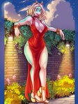 anthro big_breasts blonde_hair blue_eyes bracelet breasts cleavage clothed clothing cloud curvy_figure dress eyelashes female footwear green_body green_skin hair high_heels jewelry long_hair looking_at_viewer multicolored_body night open_mouth outside red_clothing red_dress shoes sky solo standing tall thick_thighs two_tone_body white_body white_skin wide_hipped_female wide_hips yellow_clothing yellow_footwear vlizz my_hero_academia ippan_josei quirked_human_(my_hero_academia) absurd_res hi_res