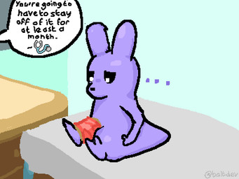 ambiguous_gender cabinet cast drawer ellipsis furniture highlights_(coloring) looking_worried medical_examination medical_instrument purple_body scientific_instrument shadow solo speech_bubble stethoscope table text wounded baltdev_(artist) rain_world videocult slugcat 4:3 digital_media_(artwork) english_text pixel_(artwork) shaded upscale