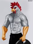 abs anthro beak biceps bottomwear clothed clothing eyebrows feathers grey_background male muscular muscular_anthro muscular_male navel pants pecs pose red_eyes simple_background smile solo topless vein veiny_arms veiny_muscles white_body white_feathers yellow_beak belwulf avian bird chicken galliform gallus_(genus) phasianid were wereavian werebird werechicken 2023 absurd_res artist_name digital_media_(artwork) hi_res