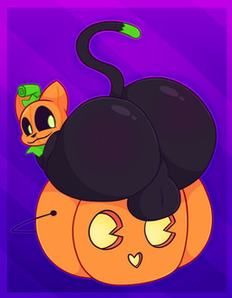 backsack balls big_butt black_body bubble_butt bucket butt container dipstick_tail feral food for_a_head fruit genitals green_tail_tip holidays in_bucket in_container looking_back male male_feral markings mouth_closed plant pumpkin pumpkin_head raised_tail solo tail tail_markings tunemon halloween pumkat domestic_cat felid feline felis mammal object_head 2025 digital_media_(artwork)