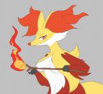 anthro blush breasts covering_nipples embarrassed female fire fur grey_background looking_down medium_breasts orange_body orange_fur red_body red_eyes red_fur simple_background solo stick white_body white_fur yellow_body yellow_fur loveboxf nintendo pokemon canid canine delphox generation_6_pokemon mammal pokemon_(species) 2019 hi_res