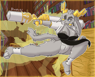abs afterimage anthro antlers big_breasts black_clothing black_dress_shirt blue_eyes bottomless bracelet breasts capelet clothed clothing detailed_background dream_breaker_(pseudoregalia) eyebrows female front_view fur genitals gold_(metal) gold_bracelet gold_jewelry gold_ring grey_body grey_fur grey_hair grey_nipples hair hooves horn jewelry long_tail looking_aside nipples outline solo spats spread_legs spreading tail thick_thighs vulva weapon white_capelet white_clothing wide_hips yellow_horn blankyart pseudoregalia sybil_(pseudoregalia) bovid caprine domestic_cat felid feline felis goat jackalope lagomorph leporid mammal rabbit 2025 digital_media_(artwork) hi_res shaded signature