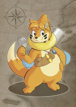 accessory bandolier cartography compass cute_fangs elbow_fin fangs featureless_crotch female feral flotation_sac forked_tail fur hair_accessory hairclip hand_on_hip magnifying_glass map markings orange_body orange_fur solo tail tan_body tan_fur teeth telescope unusual_anatomy unusual_tail vial whisker_markings zriartz nintendo pokemon buizel generation_4_pokemon pokemon_(species) hi_res