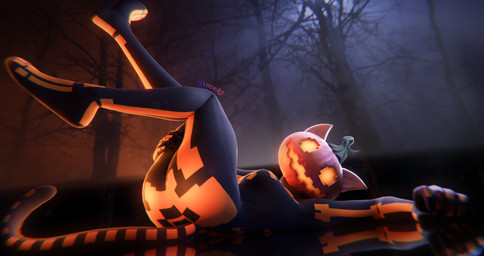 anthro black_bodysuit black_clothing black_skinsuit bodysuit breasts butt clothing female food for_a_head fruit glowing glowing_eyes glowing_mouth holidays jack-o'-lantern looking_at_viewer lying lying_on_ground markings medium_breasts night on_back on_ground outside plant pumpkin pumpkin_head reflective_floor skeleton_(marking) skinsuit smile smiling_at_viewer solo striped_markings striped_tail stripes tail tail_markings tight_clothing tree wide_hips vincead epic_games fortnite halloween spice_(fortnite) felid feline mammal object_head 3d_(artwork) digital_media_(artwork) hi_res watermark