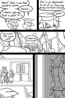 adolescent anthro bangs chair clothed clothing dialogue duo_focus furniture graduation graduation_cap graduation_gown graduation_robe group sitting speech_bubble text young black-kitten keith_(black-kitten) sebastien_(black-kitten) serah_(black-kitten) canid canine canis felid feline lynx mammal 2025 2:3 black_and_white comic english_text hi_res monochrome multiple_scenes brother_(lore) brother_and_sister_(lore) sibling_(lore) sister_(lore)