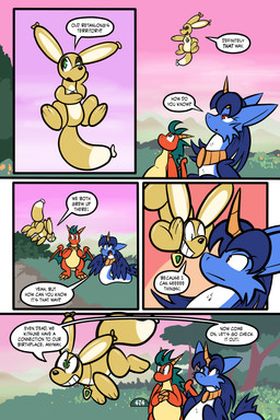 2_horns 5_panel_comic ambiguous_gender balloon balloon_with_face biped black_nose black_text blue_body blue_fur blue_hair blue_wings brown_body cheek_tuft cloud day dialogue dot_pupils exclamation_point eyebrows eyelashes eyes_closed facial_tuft feathered_wings feathers feral floating fur gesture grass green_eyes group hair hand_gesture horn inflatable jewelry looking_at_another looking_up mouth_closed open_mouth open_smile orange_body outside page_number pendant plant pointing question_mark red_eyes scales sky smile speech_bubble tail talking_to_another teeth text tongue toony tree tuft white_sclera wings virmir mythology renbrand roko_kirihoko saida canid canine couatl dragon feathered_scalie feathered_snake fox mammal mythological_creature mythological_scalie reptile scalie snake 2026 2:3 absurd_res comic english_text hi_res female_(lore) male_(lore)