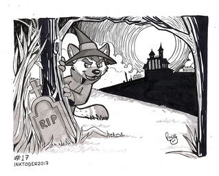 anthro cheek_tuft clothed clothing coat dipstick_tail facial_tuft front_view glistening glistening_eyes hat headgear headwear logo male markings narrowed_eyes open_mouth open_smile outside plant smile solo spots spotted_markings spotted_tail tail tail_markings tombstone topwear tree tuft witch_hat young young_anthro young_male pandapaco hyena mammal 2017 artist_logo dated monochrome signature