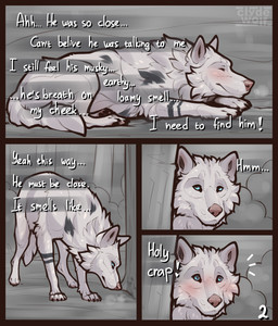blush claws dialogue feet feral forest front_view fur lying male on_front outside paws plant smile solo speech_bubble standing tail text toes tree clyde_wolf bravo_(white_talon) canid canine canis mammal wolf 2026 comic digital_drawing_(artwork) digital_media_(artwork) english_text hi_res