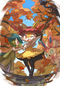 3_fingers 3_toes ambiguous_anthro ambiguous_feral ambiguous_gender ambiguous_humanoid anthro biped black_body black_fur black_nose blue_body blue_clothing blue_eyes blue_hat blue_headwear bow_(anatomy) clothed clothed_ambiguous clothed_humanoid clothing cobblestone digitigrade dipstick_tail dress feet feral fingers flat_chested flesh_fang front_view fully_clothed fully_clothed_ambiguous fully_clothed_humanoid fur furgonomic_headwear furgonomics green_body green_clothing green_dress group hat hat_only headgear headgear_only headwear headwear_only holding_object holding_stick inner_ear_fluff leaf looking_at_viewer low-angle_view markings mostly_nude mostly_nude_ambiguous mostly_nude_anthro multicolored_body multicolored_fur one_eye_closed open_mouth open_smile orange_body orange_eyes orange_fur orange_inner_ear_fluff orange_nose orange_tail_tip outside pink_body pink_fur plant pointy_ears prick_ears quadruped raised_arm red_clothing red_eyes red_hat red_headwear side_view smile standing stick tail tail_markings three-quarter_view toes tree trio tuft two_tone_tail walking white_body white_fur wink winking_at_viewer worm's-eye_view yellow_body yellow_fur yellow_tail ikei braixen_day nintendo pokemon pokemon-specific_day braixen canid eeveelution gardevoir generation_3_pokemon generation_6_pokemon humanoid mammal pokemon_(species) sylveon 2022 colored digital_drawing_(artwork) digital_media_(artwork) hi_res japanese_description shaded signature