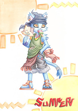 3_toes 5_fingers anthro arms_bent arms_by_side biped blue_body blue_fur bottomwear claws clothed clothing dessert ear_piercing feet fingers food footwear front_view fruit fully_clothed fur fur_trim_(clothing) hand_fan hand_in_pocket holding_object jewelry kerchief looking_aside male melon mouth_hold necklace object_in_mouth orange_eyes piercing plant pockets popsicle popsicle_in_mouth sandals shirt shoes shorts simple_background solo standing straight_legs summer sun tail tank_top toes topwear torn_clothing tropical uchiwa_fan watermelon watermelon_popsicle watermelon_slice kabuto0495 domestic_cat felid feline felis mammal