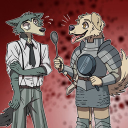 5_fingers abstract_background alternate_species anthro armor belt black_lips bottomwear clothed clothed_anthro clothed_male clothing duo fingers fur furrification grey_body grey_fur holding_pan lips looking_at_another male male_anthro necktie pants pink_tongue shirt shoulder_armor suspenders tail tan_body tan_fur teeth tongue tongue_out topwear white_clothing white_sclera white_shirt white_topwear yellow_eyes lemurkingdoodles beastars delicious_in_dungeon laios_touden legoshi_(beastars) canid canine canis domestic_dog mammal wolf 1:1 2025 crossover digital_media_(artwork)