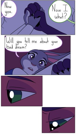 anthro bed claws dialogue duo female fur furniture green_eyes grey_body grey_fur hand_holding lying male on_side orange_body orange_fur pointy_ears purple_eyes rabbit_ears talking_to_another talking_to_partner text hahstudios disney zootopia judy_hopps nick_wilde canid canine european_rabbit fox lagomorph leporid mammal oryctolagus rabbit red_fox true_fox comic english_text lol_comments