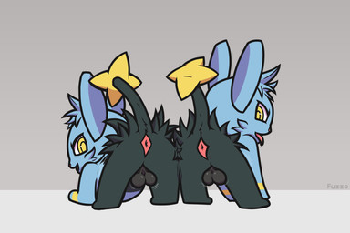 anus ass_to_ass backsack balls black_body black_fur blue_body blue_fur bouncing_balls butt butt_squish butt_tuft cheek_tuft duo facial_tuft feral fur genitals grey_background head_tuft hip_to_hip looking_back male male/male markings multicolored_body open_mouth open_smile presenting presenting_balls presenting_hindquarters raised_tail rear_view simple_background smile squish tail tongue tongue_out tuft two_tone_body yellow_markings fuzzo nintendo pokemon generation_4_pokemon pokemon_(species) shinx 2026 hi_res