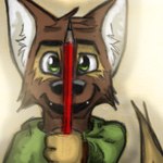 anthro black_nose canid canine canis clothing domestic_dog fur green_clothing green_shirt green_topwear holding_object holding_pencil low_res male mammal matt_riskely open_mouth open_smile pencil_(object) sharpened_pencil shirt simple_background smile solo tan_body tan_fur teeth_showing tinydeerguy topwear