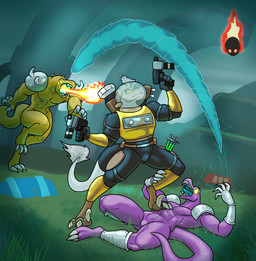 anthro armor bodysuit breath_powers claws clothing elemental_manipulation female finger_claws fire fire_breathing fire_manipulation group gun headgear helmet male male/female muscular muscular_anthro muscular_male ranged_weapon sharp_teeth shoulder_pads skinsuit stepped_on stepping_on_chest teeth tight_clothing trio weapon 60percentscalie risk_of_rain dinosaur dromaeosaurid lemurian prehistoric_species reptile saurischian scalie theropod hi_res